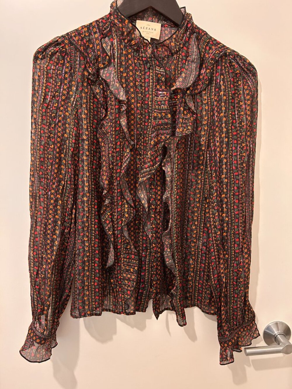 Sézane Dark Floral Ruffle Blouse Black Red Orange Size 38 / US 6
